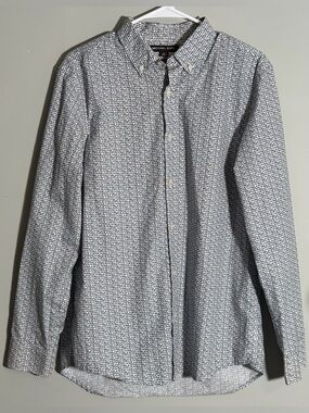 Michael Kors Men's Navy & White Micro-Pattern Logo Button-Down Shirt Size M